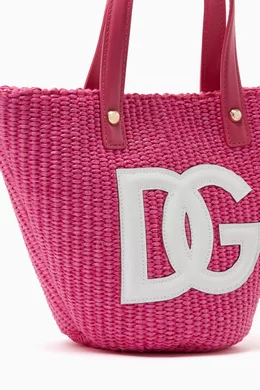 Buy Dolce Gabbana Pink Logo Straw Handbag in Cotton Leather