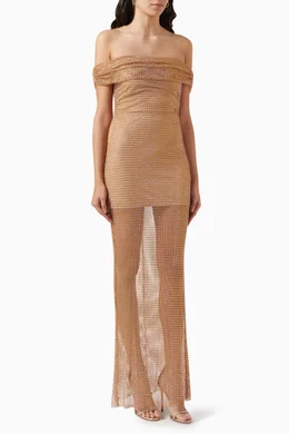 Buy Self Portrait Neutral Off shoulder Maxi Dress in Rhinestone Fishnet For Women Online Ounass Bahrain
