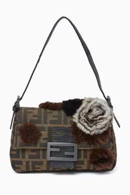 Buy Fendi Pre-Loved Brown Mini Fur Flower Baguette Bag in Zucchino