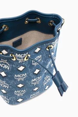 Buy MCM Blue Mini Dessau Drawstring Hobo Bag in Vintage Denim Jacquard For Women Online Ounass Bahrain