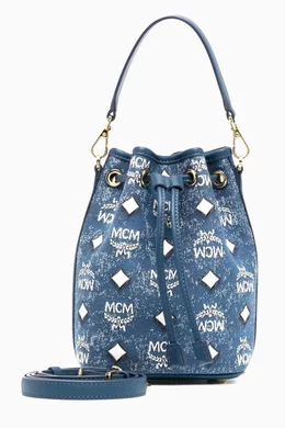 Buy MCM Blue Mini Dessau Drawstring Hobo Bag in Vintage Denim Jacquard For Women Online Ounass Bahrain