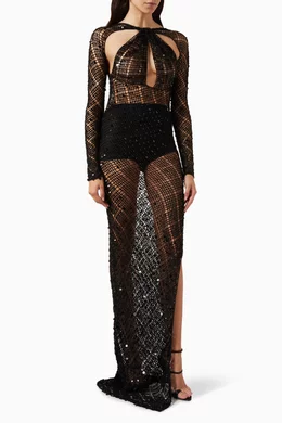 green emerald velvet dress Coperni Blue Sheer Lace Crochet Sequin Cut Out Dress Gown  PaumLosAngeles