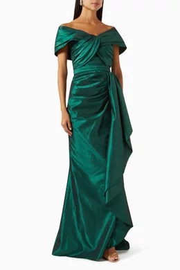 Buy Zeena Zaki Green Off Shoulder Lace Up Dress in Taffeta For Women Online Ounass Bahrain