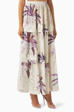 Buy Noor Al Bahrani Neutral Layered Ruffle Maxi Skirt For Women - Main Image