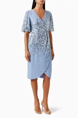 Buy Amelia Rose Blue Embellished Wrap Midi Dress in Crepe For Women Online Ounass Bahrain