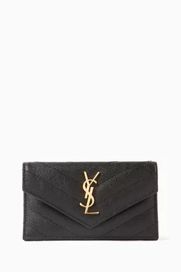 Saint laurent monogram card case in grain de poudre embossed leather deals