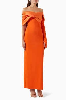 Buy Velvety Couture Orange Maya Embellished Off shoulder Pencil Dress in Scuba For Women Online Ounass Bahrain
