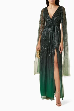 Buy Marchesa Notte Green Ombre Beaded Gown in Polyester For Women Online Ounass Bahrain