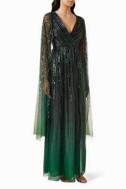 Buy Marchesa Notte Green Ombre Beaded Gown in Polyester For Women Online Ounass Bahrain