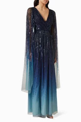 Buy Marchesa Notte Blue Ombre Beaded Gown in Polyester For Women Online Ounass Bahrain