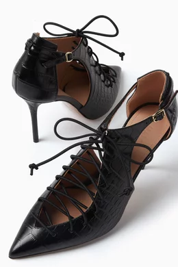 Buy Malone Souliers Black Montana 85 Lace up Pumps in Croc embossed Leather For Women Online Ounass Bahrain