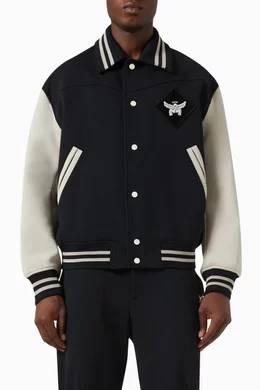 Buy MCM Black Essential Logo Patch Varsity Jacket in Stretch Recycled Cotton Blend For Men Online Ounass Bahrain