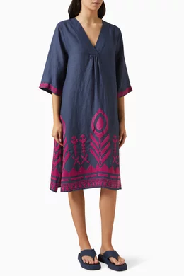Buy Greek Archaic Kori Blue Embroidered Feather V neck Dress in Linen For Women Online Ounass Bahrain
