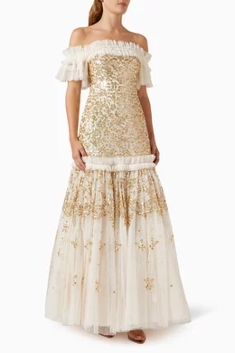Buy Needle Thread Gold Regal Rose Off shoulder Gown in Tulle For Women Online Ounass Bahrain