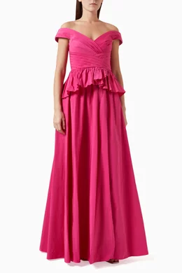 Buy Marchesa Notte Pink Off shoulder Peplum Gown in Taffeta For Women Online Ounass Bahrain