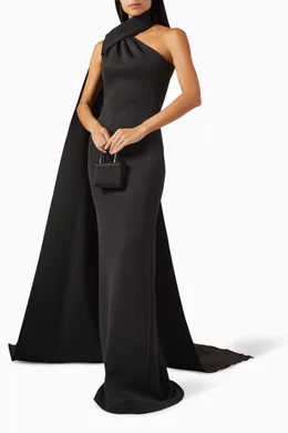 Buy Jovani Black One shoulder Cape Gown in Scuba For Women Online Ounass Bahrain