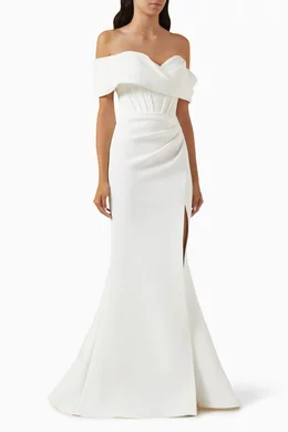 Buy Jovani White Off shoulder Gown in Scuba For Women Online Ounass Bahrain