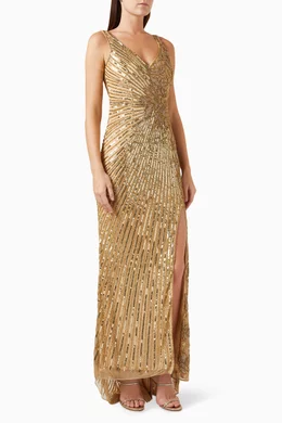 Buy Mac Duggal Gold Floral Beaded Gown in Mesh For Women Online Ounass Bahrain