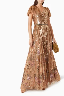 Buy Mac Duggal Gold Flounce sleeve Sequin embellished Gown in Mesh For Women Online Ounass Bahrain