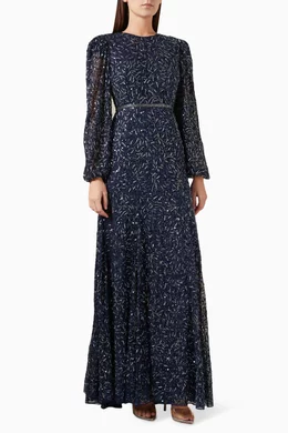 Buy Mac Duggal Blue Beaded Sequin embellished Maxi Dress For Women Online Ounass Bahrain