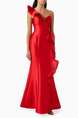 Buy Marchesa Notte Red One shoulder Ruffle Gown in Silk Mikado For Women Online Ounass Bahrain