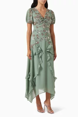 Buy Maya Green Sequin embellished Ruffled Midi Dress in Chiffon For Women Online Ounass Bahrain