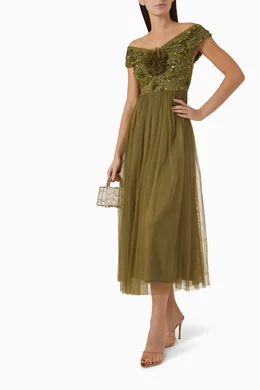 Buy Maya Green Floral Embellished Bardot Midi Dress in Tulle For Women Online Ounass Bahrain