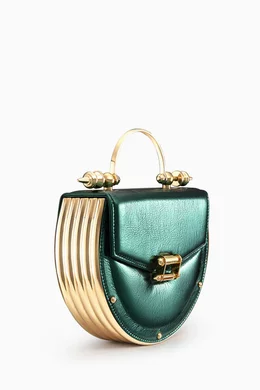 Buy Okhtein Green Oak Top handle Bag in Metallic Sheepskin For Women Online Ounass Bahrain