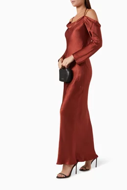 Buy Shona Joy Burgundy Lino Off shoulder Tie Maxi Dress in EcoVero Viscose For Women Online Ounass Bahrain