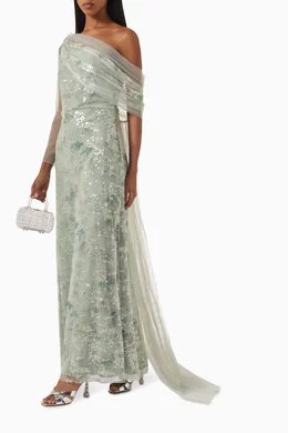 Buy Amri Green Shawl Embellished Maxi Dress in Stretch Knit Crepe Tulle For Women Online Ounass Bahrain