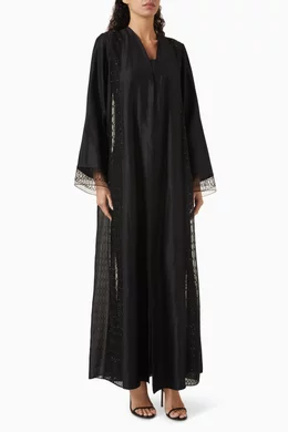 Buy Mauzan Black Lace trimmed Abaya in Tencel Blend For Women Online Ounass Bahrain