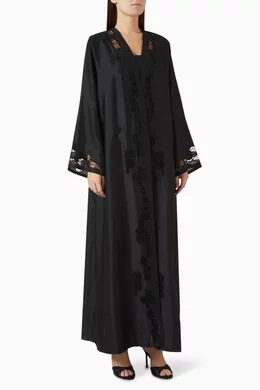 Buy Mauzan Black Bead embellished Abaya in Tencel Blend For Women Online Ounass Bahrain