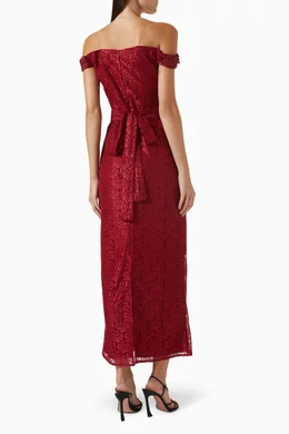Buy Rene Red Embellished Off shoulder Midi Dress in Lace For Women Online Ounass Bahrain