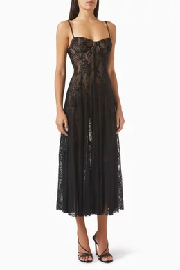 bright pink lace dress INVITATION V NECK SHORT SLEEVE FRILL HEM LACE MIDI DRESS main image 1