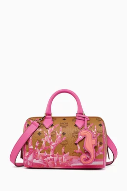 Buy MCM Pink Ella Boston Bag in Cubic Coral Visetos Canvas For