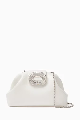 Buy Amina Muaddi White Camelia Clutch Bag in Satin For Women