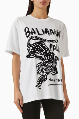 Buy Balmain White Leopard-print Oversized T-shirt in Cotton For