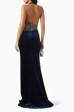Buy Jovani Blue Embroidered-waist Gown in Velvet For Women Online | Ounass  Bahrain