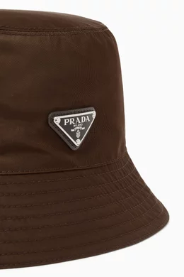 Buy Prada Brown Triangle Logo Bucket Hat in Re-Nylon For Men  display picture 3
