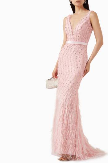 hover state of Embellished Feather-trimmed Gown in Lace & Tulle
