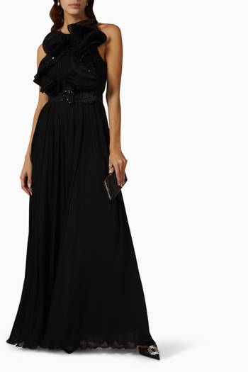 hover state of Pleated Evening Gown in Georgette & Sequins
