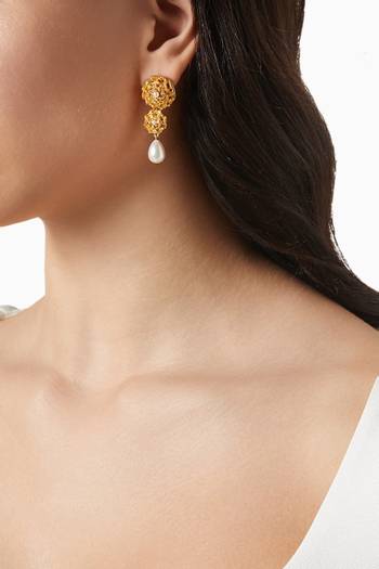hover state of Dangling Drop Earrings in Gold-plated Brass & Pearls
