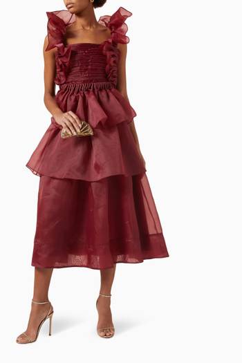 hover state of Asra Pleated Frill Midi Dress in Organza