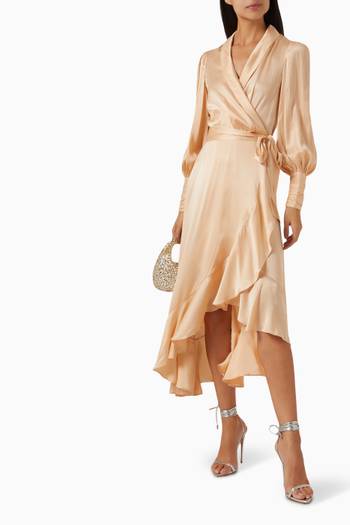 hover state of Ruffled Midi Wrap Dress in Silk