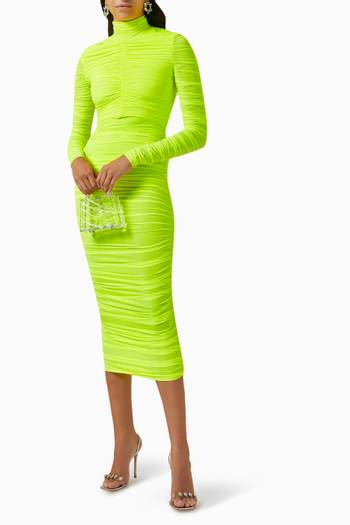 hover state of Carlton Turtleneck Ruched Midi Dress in Lycra