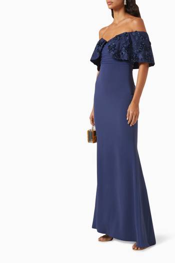 hover state of 3D Floral-embroidered Gown in Stretch-crepe