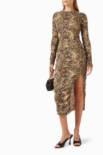 hover state of Snake-print Ruched Midi Dress