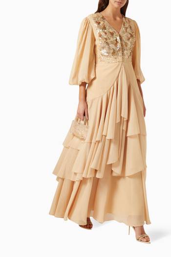 hover state of Elegante Tiered Maxi Dress in Metallic-chiffon