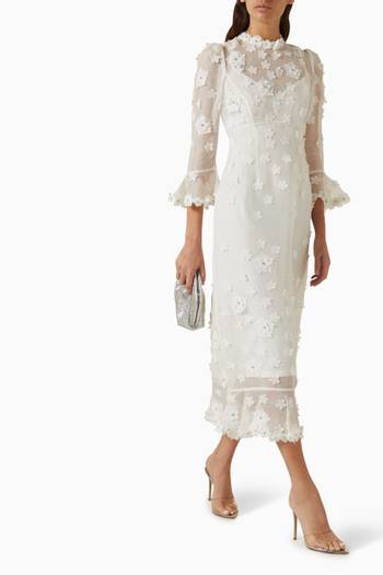 hover state of Matchmaker Floral-applique Midi Dress in Silk-linen Organza