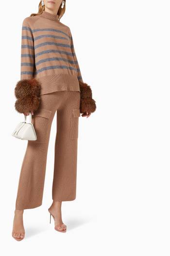 hover state of Striped Turtleneck Sweater with Fox Fur Cuffs in Knit